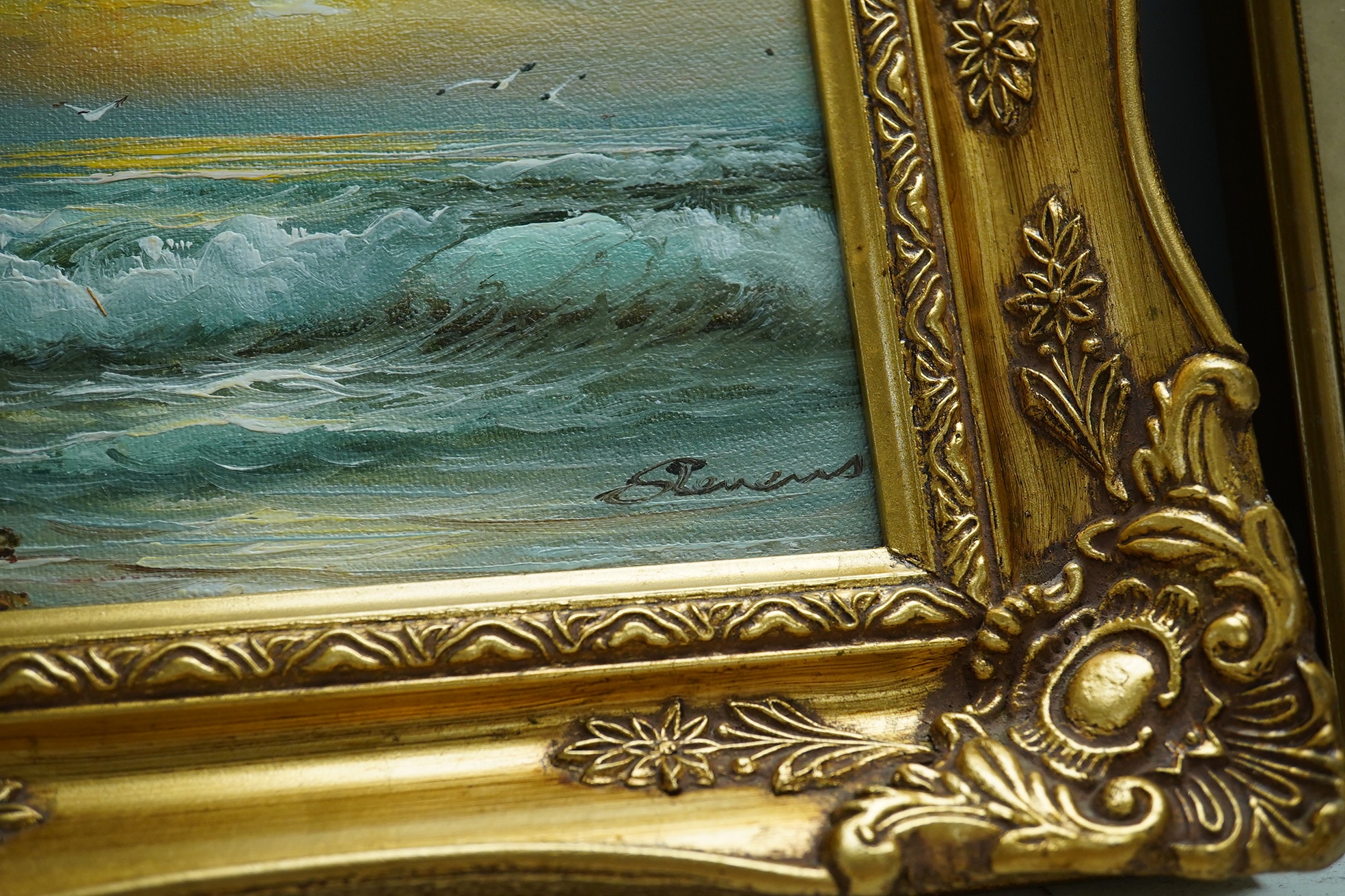 Stevens, Contemporary oil on canvas board, Seascape with crashing waves, signed, 11 x 16.5cm, ornate gilt framed. Condition - good